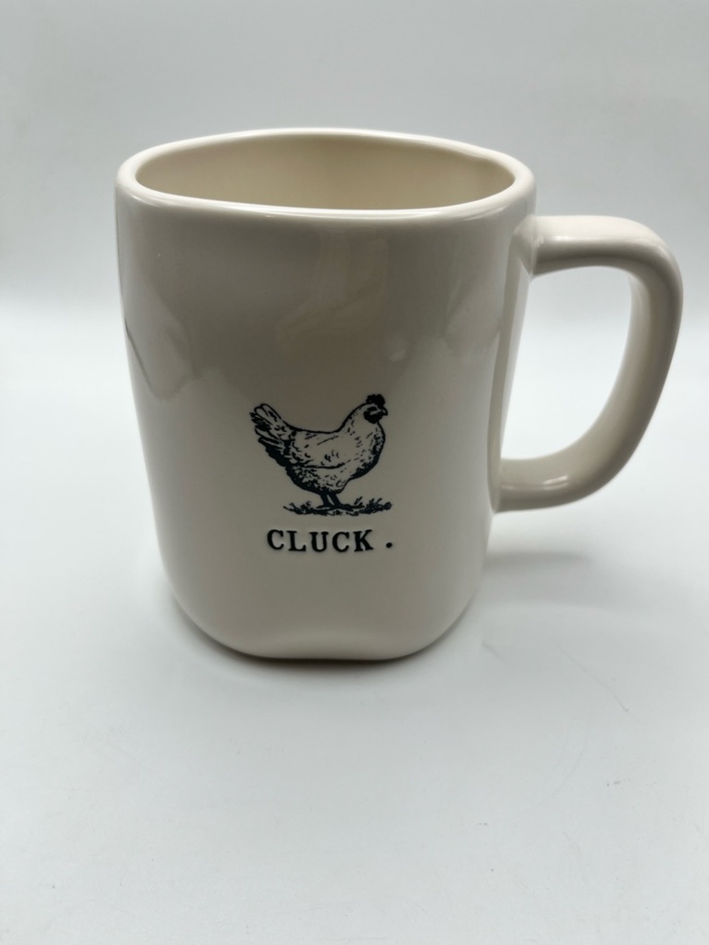 Rae Dunn Cream 'Cluck' Ceramic Mug with Rooster Graphic